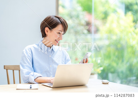 テレワークをする女性。 114287083