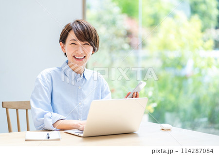 テレワークをする女性。 テレワークをする女性。 114287084