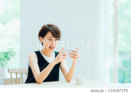 リビングでスマホを操作する女性。 114287178