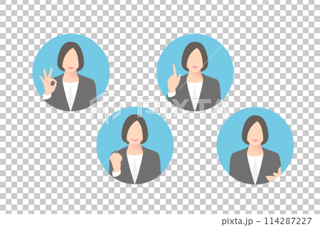 OKサイン、ガッツポーズ、指差し、提案をする女性中堅ビジネスパーソン・経営者、アイコン調 OKサイン、ガッツポーズ、指差し、提案をする女性中堅ビジネスパーソン・経営者、アイコン調 114287227
