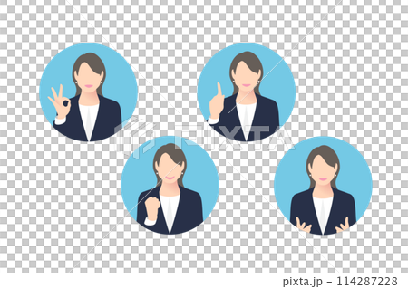 OKサイン、ガッツポーズ、指差し、提案をする女性中堅ビジネスパーソン・経営者、アイコン調 OKサイン、ガッツポーズ、指差し、提案をする女性中堅ビジネスパーソン・経営者、アイコン調 114287228