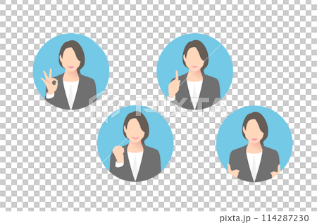 OKサイン、ガッツポーズ、指差し、提案をする女性中堅ビジネスパーソン・経営者、アイコン調 OKサイン、ガッツポーズ、指差し、提案をする女性中堅ビジネスパーソン・経営者、アイコン調 114287230