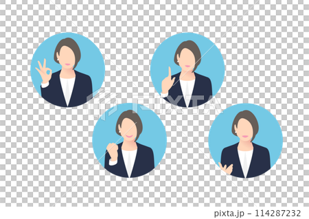 OKサイン、ガッツポーズ、指差し、提案をする女性中堅ビジネスパーソン・経営者、アイコン調 114287232