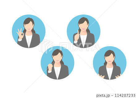 OKサイン、ガッツポーズ、指差し、提案をする女性中堅ビジネスパーソン・経営者、アイコン調 OKサイン、ガッツポーズ、指差し、提案をする女性中堅ビジネスパーソン・経営者、アイコン調 114287233