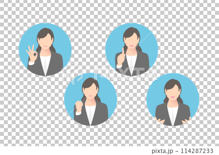 OKサイン、ガッツポーズ、指差し、提案をする女性中堅ビジネスパーソン・経営者、アイコン調 OKサイン、ガッツポーズ、指差し、提案をする女性中堅ビジネスパーソン・経営者、アイコン調 114287233