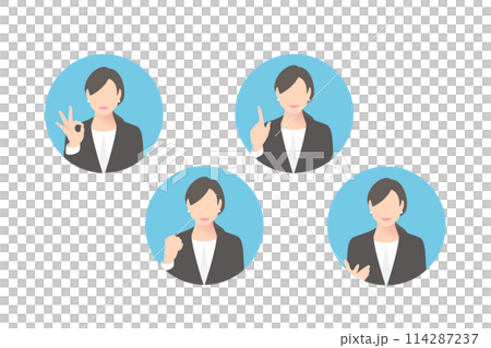 OK 標誌，拳頭泵，指點，女性中層商務人士/經理提出建議，圖標風格 114287237