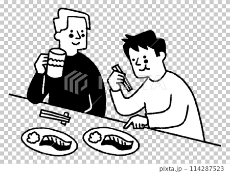 居酒屋で飲んでいる男性二人_2 114287523