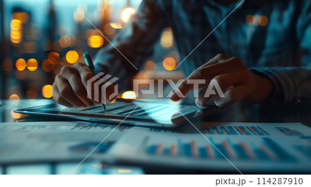 A man is writing on a tablet with a pen A man is writing on a tablet with a pen 114287910
