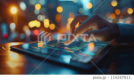 A person is pointing at a screen with a tablet A person is pointing at a screen with a tablet 114287911
