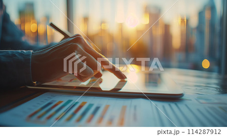 A person is using a tablet to point at a graph A person is using a tablet to point at a graph 114287912