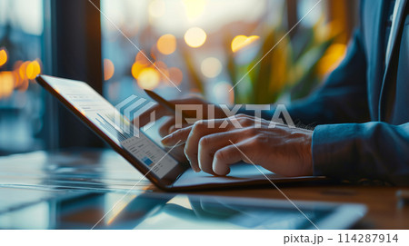 A person is writing on a tablet with a pen. Concept of productivity and focus, as the person is engaged in a task that requires concentration and attention to detail A person is writing on a tablet with a pen. Concept of productivity and focus, as the person is engaged in a task that requires concentration and attention to detail 114287914