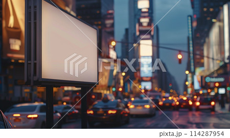 A billboard is in the middle of a busy city street 114287954