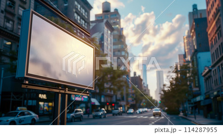 A large billboard is on a city street with a clear blue sky in the background 114287955