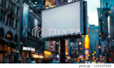 A large billboard is standing in the middle of a busy city street 114287958