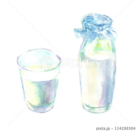 水彩で描いた牛乳瓶とグラスのイラスト 114288304
