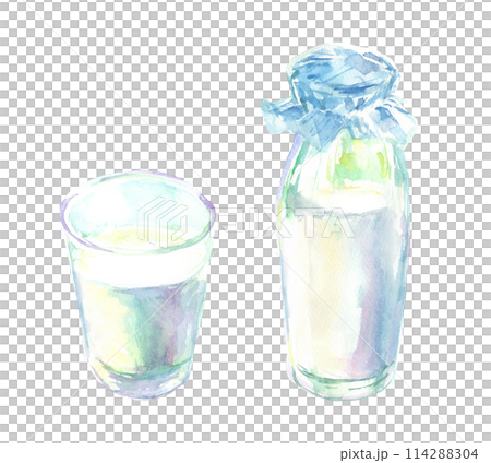 牛奶瓶和玻璃的水彩插圖 114288304