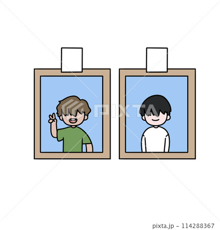 Two cartoon boys are smiling and waving at the camera Two cartoon boys are smiling and waving at the camera 114288367