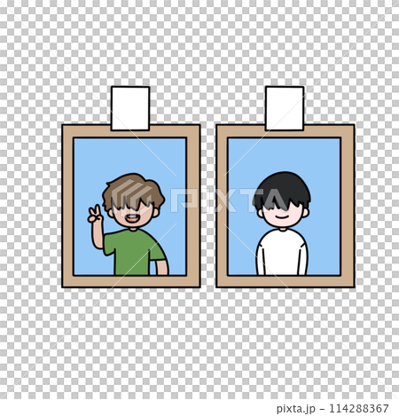 Two cartoon boys are smiling and waving at the camera Two cartoon boys are smiling and waving at the camera 114288367