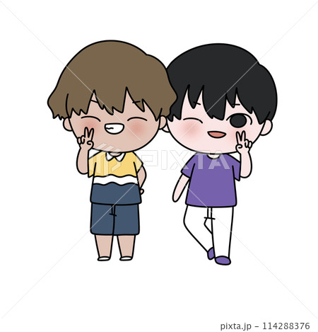 Two cartoon characters are standing next to each other 114288376