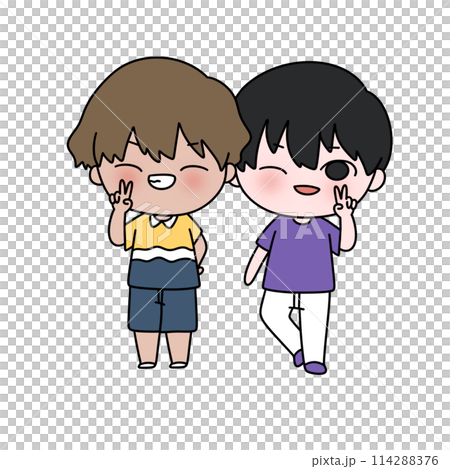 Two cartoon characters are standing next to each other 114288376