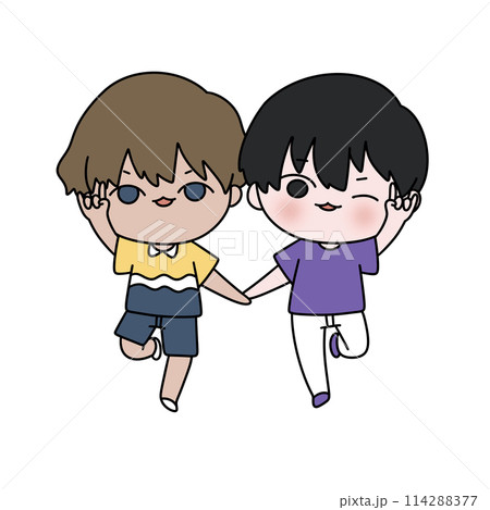 Two cartoon characters holding hands and smiling 114288377