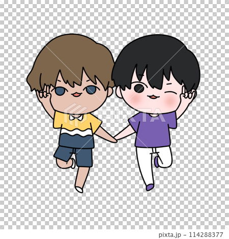 Two cartoon characters holding hands and smiling 114288377