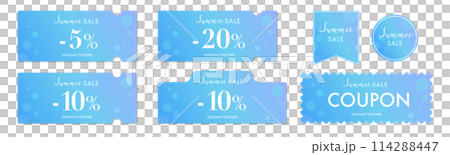 可用於夏季銷售的清爽淺藍色優惠券向量圖示集 2 114288447