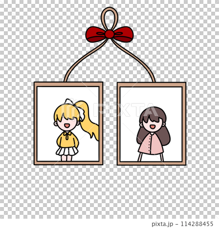 Two girls are shown in a frame, one is smiling and the other is frowning 114288455