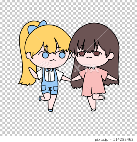 Two cartoon girls holding hands Two cartoon girls holding hands 114288462