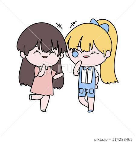 Two girls are smiling and one of them has a blue bow in her hair 114288463
