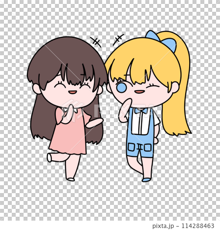 Two girls are smiling and one of them has a blue bow in her hair 114288463