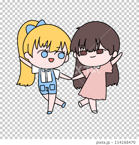 Two cartoon girls are holding hands and smiling Two cartoon girls are holding hands and smiling 114288470