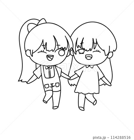 Two girls are holding hands and smiling 114288516