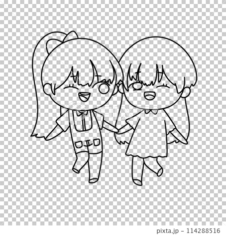Two girls are holding hands and smiling 114288516