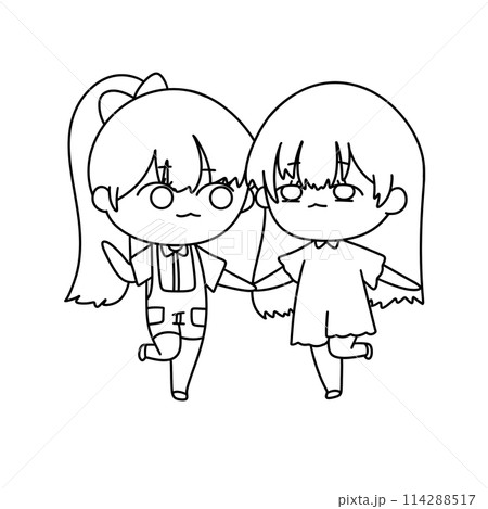 Two girls are holding hands and smiling 114288517