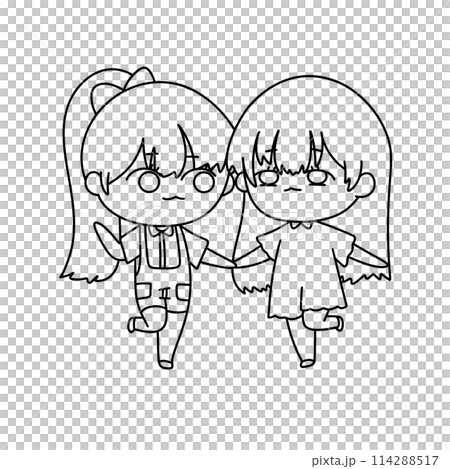 Two girls are holding hands and smiling 114288517