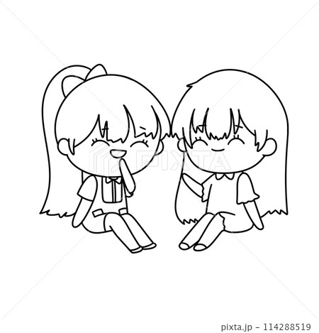 Two girls are sitting next to each other and smiling Two girls are sitting next to each other and smiling 114288519