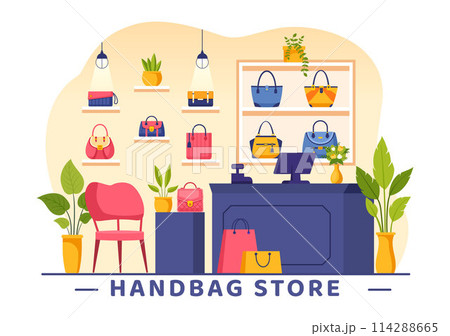 Handbag Store Vector Illustration with Collection of Various Quality Bags and Different Types of Lifestyle in Flat Cartoon Background Design Handbag Store Vector Illustration with Collection of Various Quality Bags and Different Types of Lifestyle in Flat Cartoon Background Design 114288665