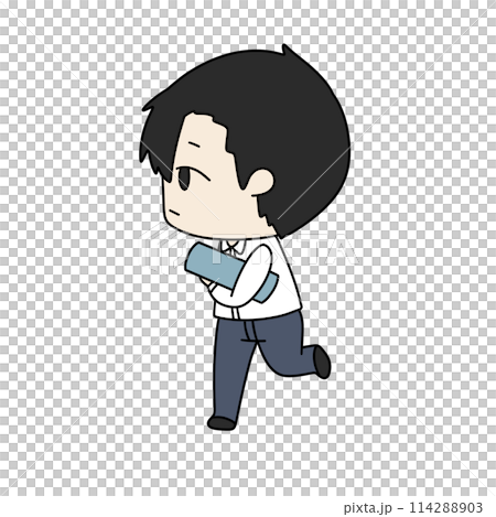 A cartoon boy is running with a book in his hand 114288903