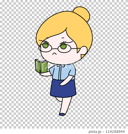 A cartoon girl wearing glasses and a blue skirt is holding a book 114288944
