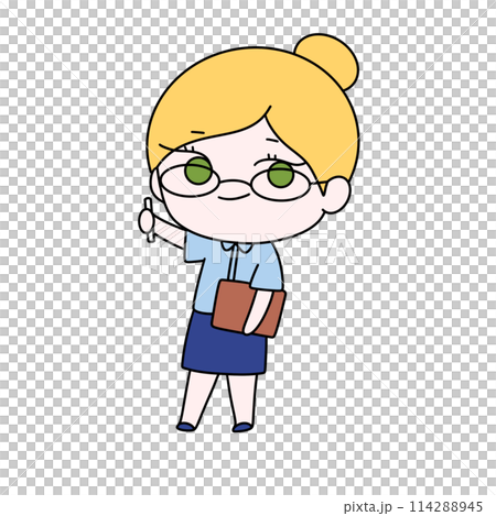 A cartoon girl with glasses and a blue skirt is holding a book 114288945
