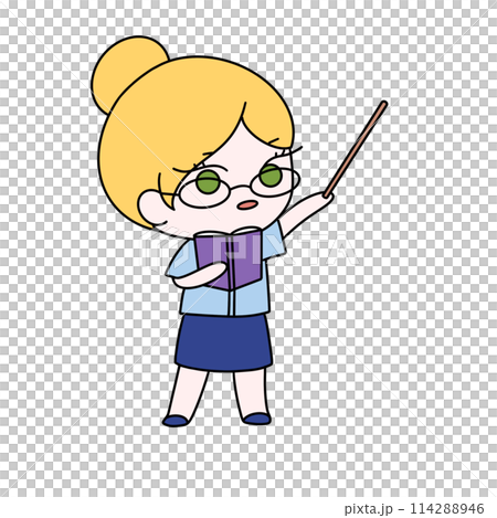 A cartoon girl is holding a book and pointing to it 114288946