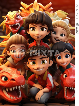 cute of character kids group friends on red chines culture suit of Chinese new year celebration concept with happy and funny cute of character kids group friends on red chines culture suit of Chinese new year celebration concept with happy and funny 114289183