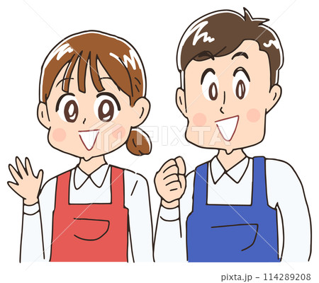 エプロンを着た女性と男性 エプロンを着た女性と男性 114289208