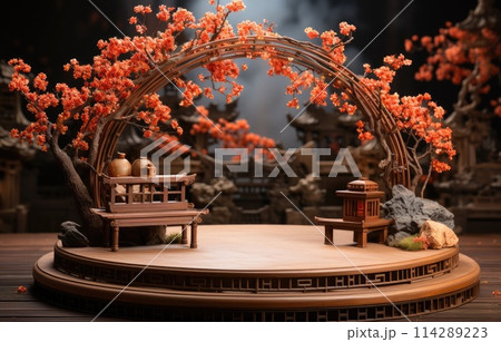 Podium Pedestal round stage desktop for product mockup with Chinese Festivals background. Mid Autumn Festival, flower and Asian elements on background. Podium Pedestal round stage desktop for product mockup with Chinese Festivals background. Mid Autumn Festival, flower and Asian elements on background. 114289223
