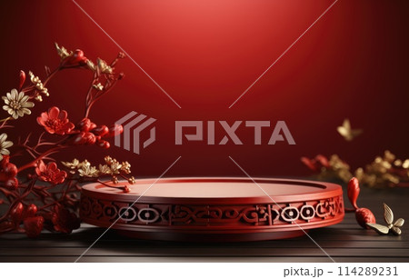 Red luxury background with product display podium element with 3d realistic chinese new year ornament 114289231