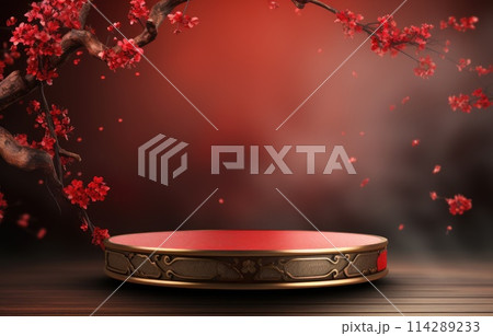 Podium Pedestal round stage desktop for product mockup with Chinese Festivals background. Mid Autumn Festival, flower and Asian elements on background. 114289233