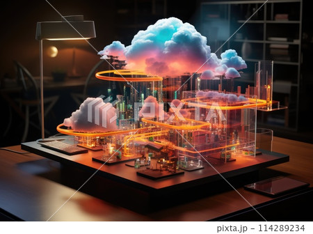 Cloud Computing Concept. Data protected exchange on smart phone or other mobile device and online storage. Cloud Technology. 114289234