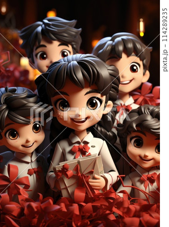 cute of character kids group friends on red chines culture suit of Chinese new year celebration concept with happy and funny 114289235
