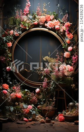 floral hoop digital backdrops. shoot set up with prop Flower and wood backdrop 114289236